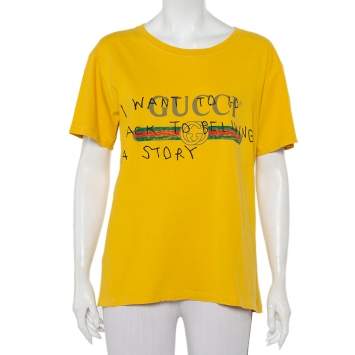 Pre Owned Gucci Yellow Cotton Logo Printed Coco Capitan Distressed T-Shirt S