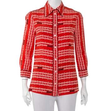 Pre Owned Gucci Coral Red Abstract Logo Printed Silk Button Front Shirt S