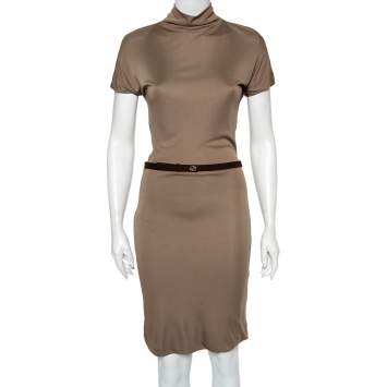 Pre Owned Gucci Beige Jersey Cowl Neck Belted Midi Dress M