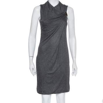 Pre Owned Gucci Grey Knit Draped Sleeveless Shift Dress S