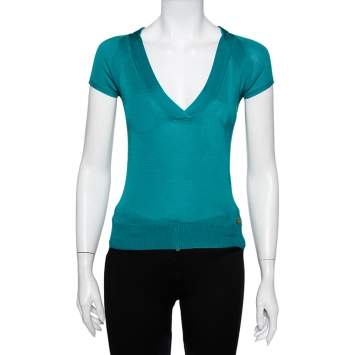 Pre Owned Gucci Green Silk Knit Plunge Neck Top XS