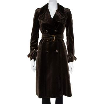 Pre Owned Gucci Brown Logo Monogram Velvet Belted Trench Coat S