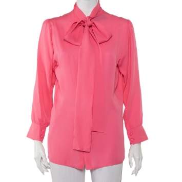 Pre Owned Gucci Pink Silk Neck Tie Detail Top M