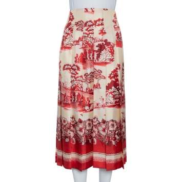 Pre Owned Gucci Cream Floral Printed Silk Pleated Midi Skirt M