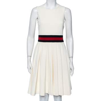 Pre Owned Gucci Off-White Gabardine Waist Trim Pleated Dress S