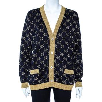Pre Owned Gucci Black Logo Monogram Lurex Knit Button Front Oversized Cardigan M