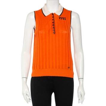 Pre Owned Gucci Orange Linen & Silk Knit Contrast Trim Detail Sleeveless Polo T-Shirt L