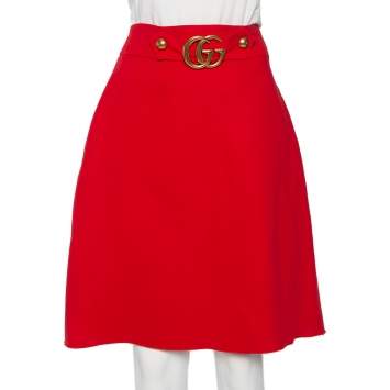 Pre Owned Gucci Red Wool & Silk Logo Belt Detail Knee Length Skirt M