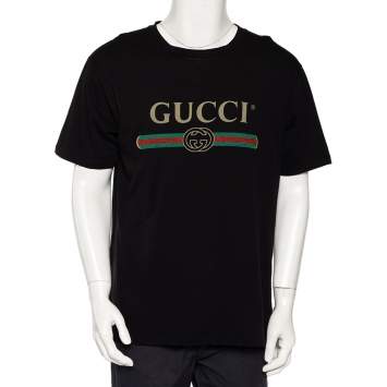 Pre Owned Gucci Black Logo Printed Cotton Distressed Oversized T-Shirt M 