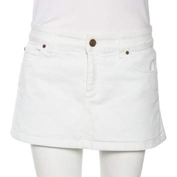 Pre Owned Gucci White Denim Logo Printed Mini Skirt M