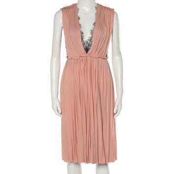 Pre Owned Gucci Blush Pink Chiffon & Lace Paneled Grecian Midi Dress XS
