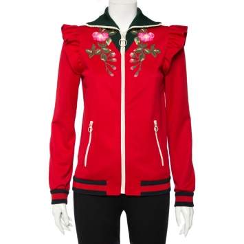 Pre Owned Gucci Red Jersey Floral Embroidered Technical Jacket S