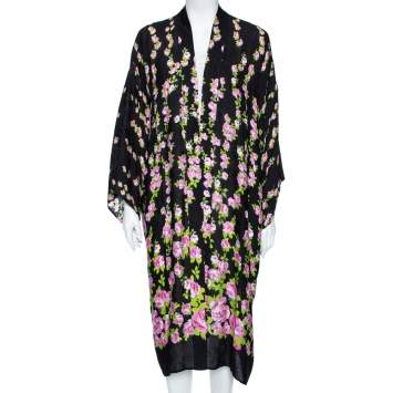Pre Owned Gucci Black Climbing Roses Print Jacquard Silk Kimono L 
