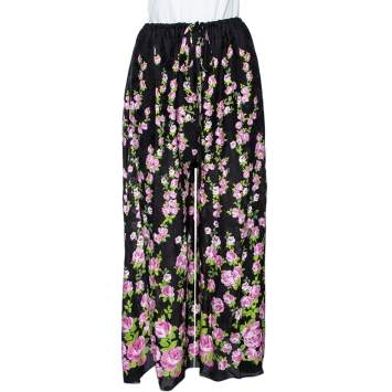 Pre Owned Gucci Black Climbing Roses Print Jacquard Silk Wide Leg Trousers L