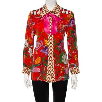 Pre Owned Gucci Multicolored Floral Printed Pussy-Bow Silk Blouse M 