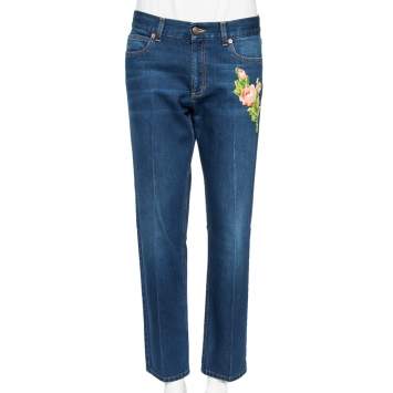 Pre Owned Gucci Blue Denim Tiger & Flower Embroidered Detail Regular Fit Jeans L