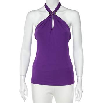 Pre Owned Gucci Purple Knit Horsebit Detail Halter Neck Top S