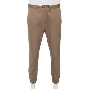 Pre Owned Gucci Khaki Cotton Contrast Stripe Logo Trim Detail Trousers L 