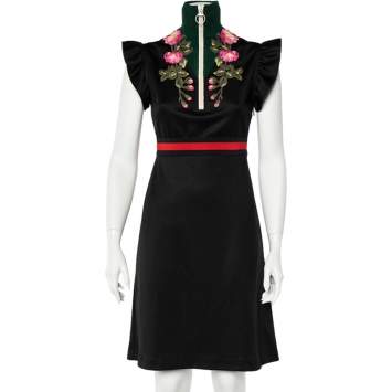 Pre Owned Gucci Black Floral Embroidered Knit Turtle Neck Dress S