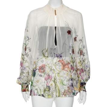 Pre Owned Gucci White Floral Print Crepe Silk Blouse S