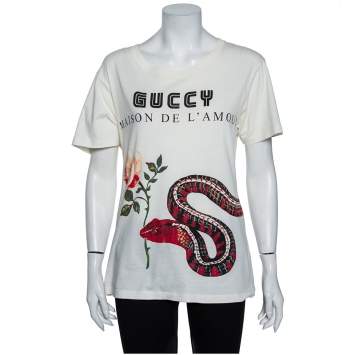 Pre Owned Gucci Off-White Guccy Logo Maison De L'amour Printed Jersey T-Shirt XXS