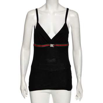 Pre Owned Gucci Black Jersey Web Stripe Buckle Sleeveless Top L 
