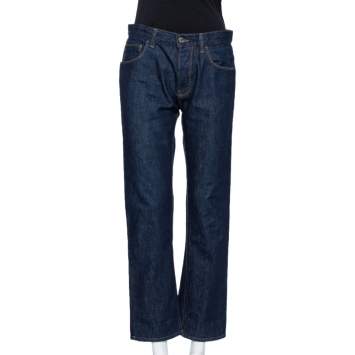 Pre Owned Gucci Blue Denim Leather Tab Detail Regular Fit Jeans M 