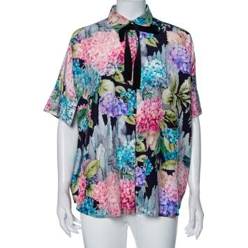 Pre Owned Gucci Multicolored Hydrangea Print Silk Cape Blouse S