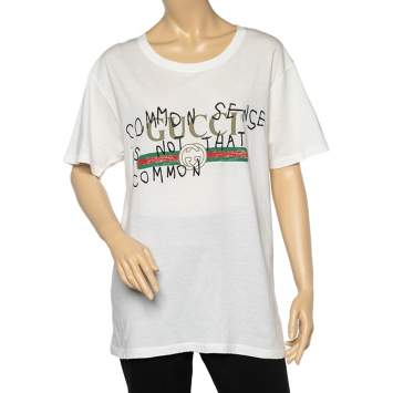 Pre Owned Gucci White Coco Captain Logo Print Cotton Distressed Detail T-Shirt M