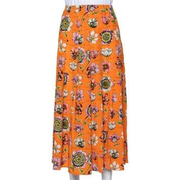 Pre Owned Gucci Orange Floral Printed Silk Pleated Midi Skirt M