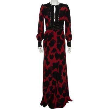 Pre Owned Gucci Red Leaves Print Embellished Silk Bow Neck Detail Gown M