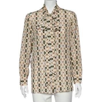 Pre Owned Gucci Beige Web Kisses & Logo Monogram Printed Silk Neck Tie Detail Shirt M