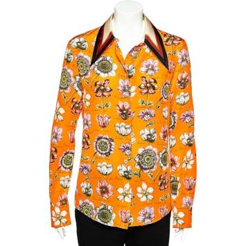 Pre Owned Gucci Orange Floral Printed Silk Oversized Collar Shirt M