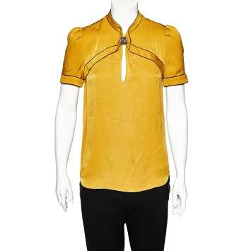 Pre Owned Gucci Mustard Yellow Silk Contrast Trim Top M