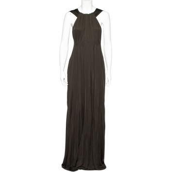 Pre Owned Gucci Brown Jersey Gathered Sleeveless Maxi Dress M