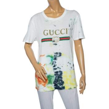 Pre Owned Gucci White Tie-Dye Cotton Logo Printed Short Sleeve T-Shirt S