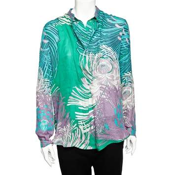 Pre Owned Gucci Green Floral Printed Silk Double Collar Detail Top M