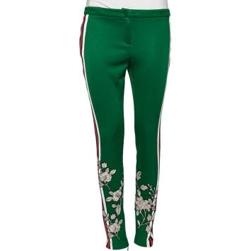 Pre Owned Gucci Green Jersey Floral Embroidered Web Stripe Trim Detail Pants M