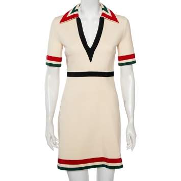 Pre Owned Gucci Cream Stretch Knit Web Stripe Trimmed V Neck Dress S