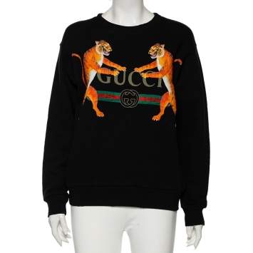 Pre Owned Gucci Black Printed Cotton Distressed Detailed Crew Neck Sweatshirt XS