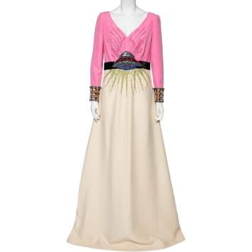Pre Owned Gucci Pink-Cream UFO Embellished Wool And Silk Long Sleeve Evening Gown L