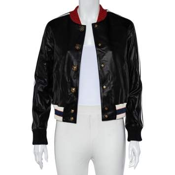 Pre Owned Gucci Black Leather Hollywood Embroidered Bomber Jacket S