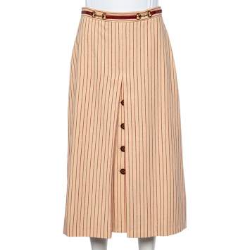 Pre Owned Gucci Cream Striped Wool Horsebit Detail Midi Skirt S