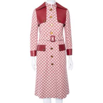 Pre Owned Gucci Red Logo Jacquard-Leather Belted Trench Coat S