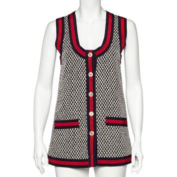 Pre Owned Gucci Monochrome Tweed Contrast Stripe Trim Sleeveless Vest S