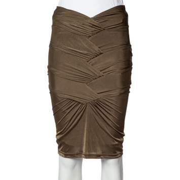 Pre Owned Gucci Brown Jersey Ruched Detail Fitted Skirt S