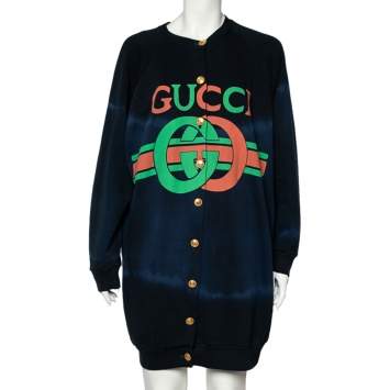 Pre Owned Gucci Navy Blue Ombre Logo Printed Cotton Oversized Button Front Cardigan S