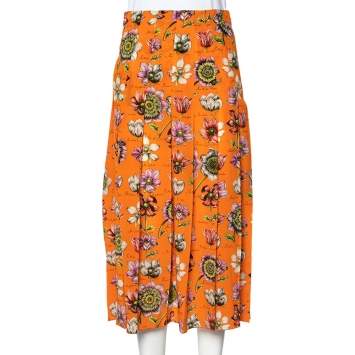 Pre Owned Gucci Orange Floral Printed Silk Pleated Midi Skirt S