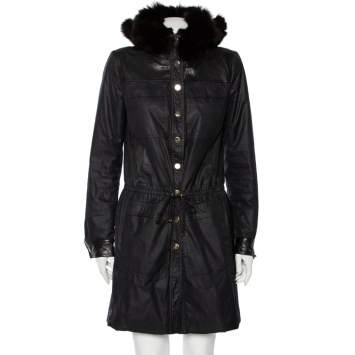 Pre Owned Gucci Black Synthetic & Leather Trimmed Fur Hooded Coat M