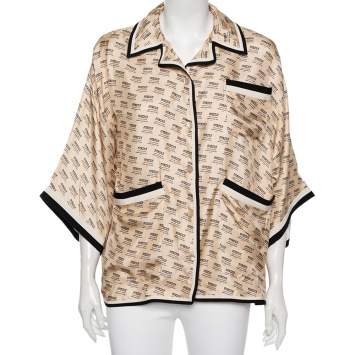 Pre Owned Gucci Beige Invite Stamp Printed Silk Web Stripe Trimmed Oversized Shirt S